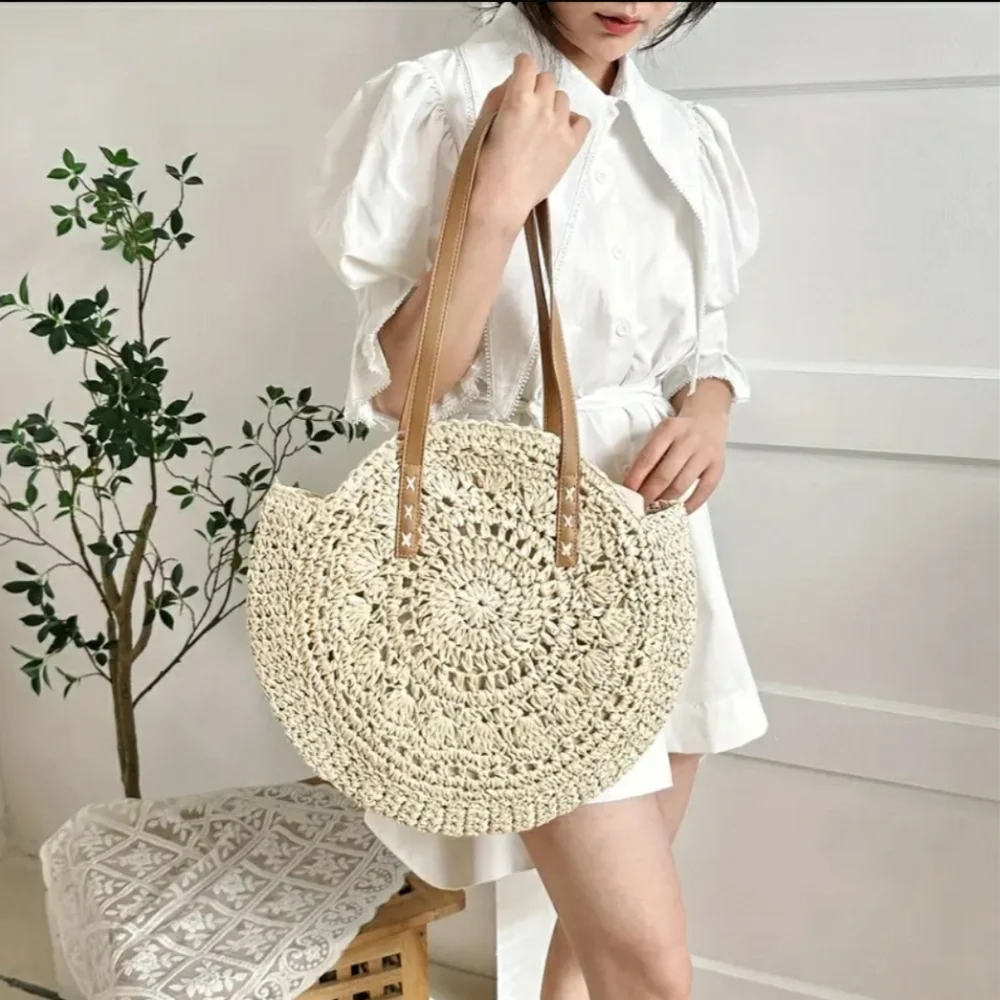 Straw Woven Tote Bag Double Handle Creamy White